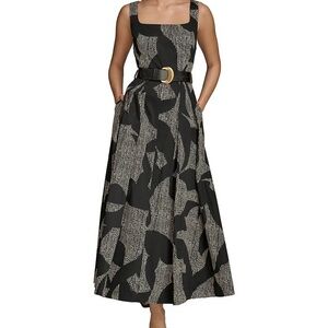 Donna Karan Elegant Black and Sand Midi Dress